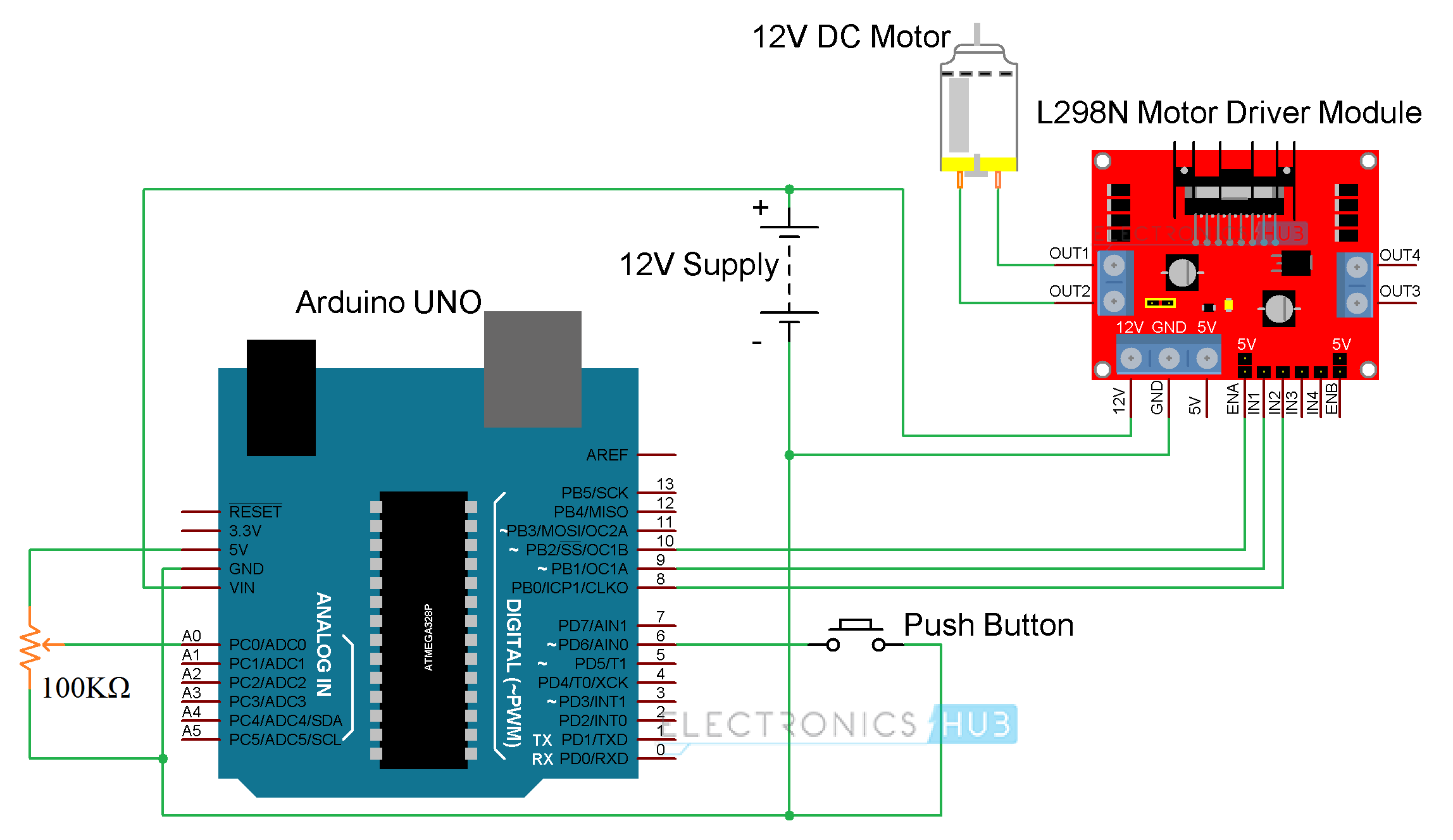 Arduino DC Motor Control using L298N Circuit Diagram