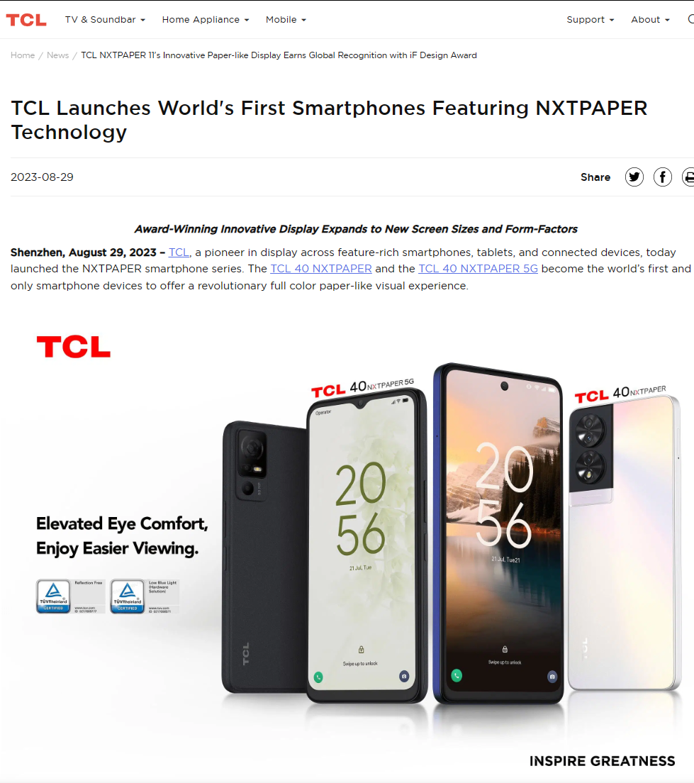全球首款类纸屏手机 TCL 40 NXTPAPER 发布,售价 199 欧元起